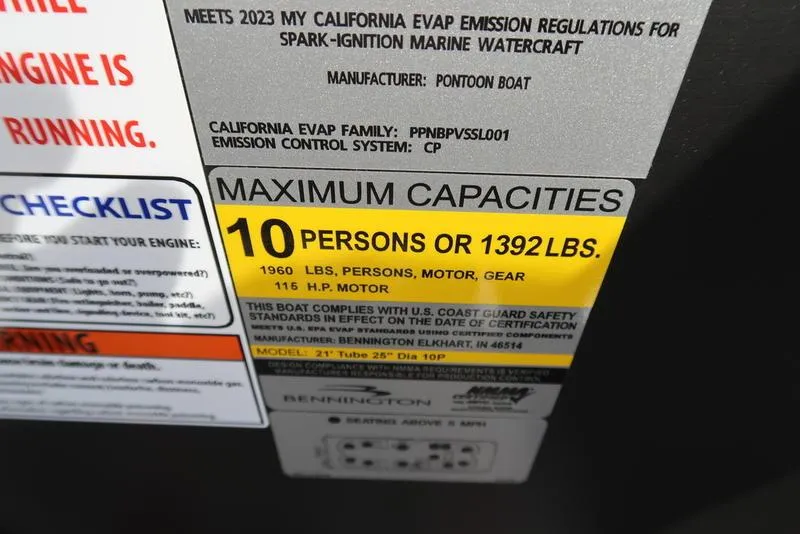 Slide: The Image of 2024 Bennington 22 SXSR capacity label: 10 persons or 1392 lbs, 115 HP motor. - 16