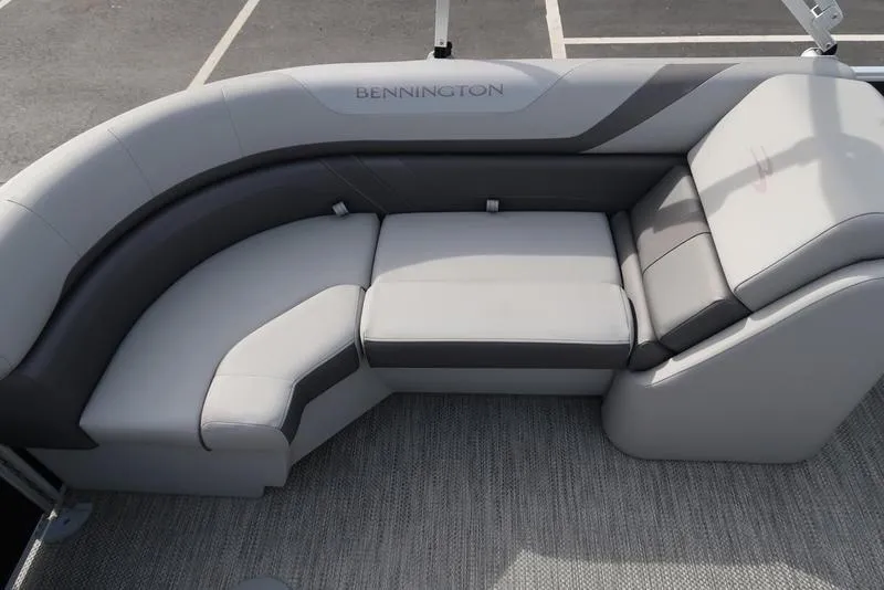 Slide: The Image of 2024 Bennington 22 SXSR boat interior with luxurious gray seating arrangement. - 2