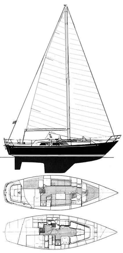 Slide: The Image of Line drawing of a 1981 C&C Landfall 35 sailboat, showcasing side and top views. - 3