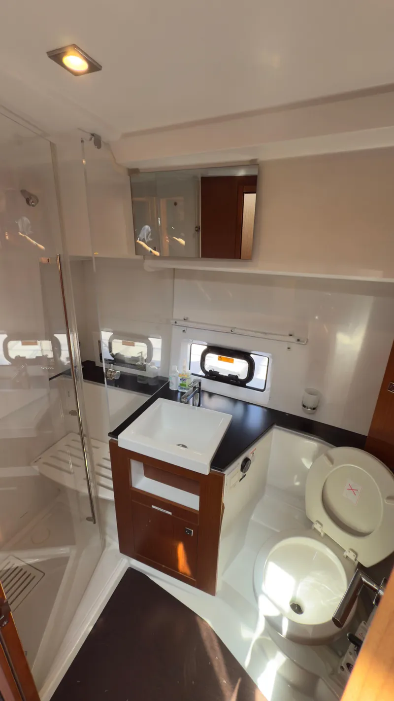 Slide: The Image of Bathroom interior of 2016 Jeanneau Velasco 37F yacht with modern fixtures. - 20