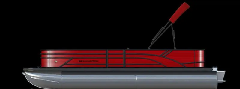 Slide: The Image of 2025 Bennington S Quad Bench 20 SSR pontoon boat, sleek red design, side view. - 1