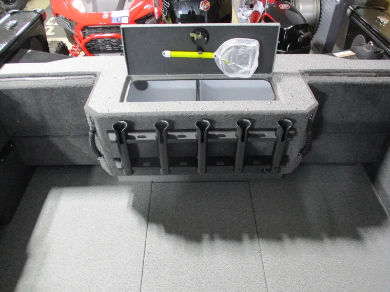Slide: The Image of 2025 Lund Fisherman 1875 boat interior with rod holders and storage compartment. - 10