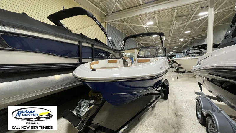 Slide: The Image of 2019 Bayliner VR 5 boat displayed at Marine Center Indiana showroom. - 2