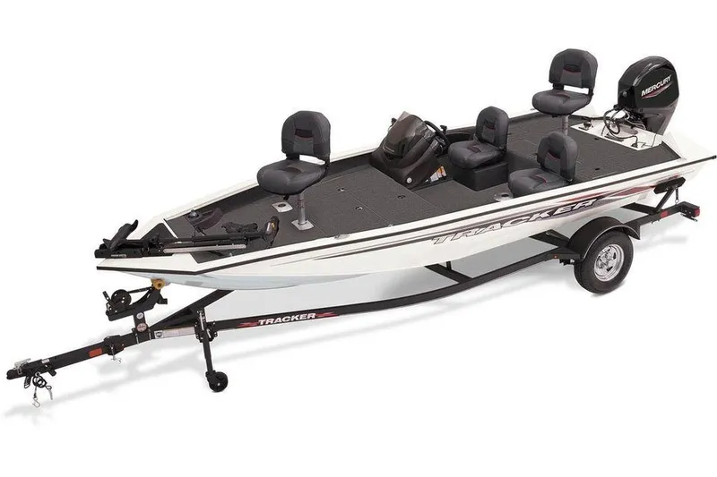 Slide: The Image of 2025 Tracker Pro Team 175 boat with trailer, featuring multiple seats and a sleek design. - 15
