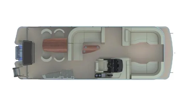 Slide: The Image of 2025 Godfrey AP255CBE boat interior layout with seating and helm station. - 1