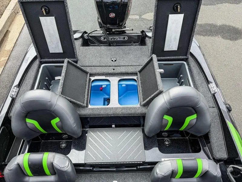 Slide: The Image of 2025 Nitro Z17 boat interior with storage compartments and seating. - 2