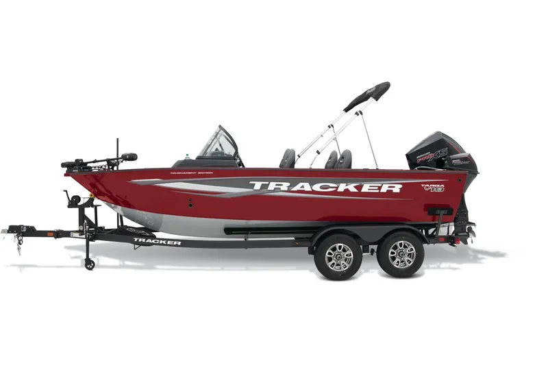 Slide: The Image of 2025 Tracker Targa V-19 Combo boat interior with steering wheel and seating. - 6