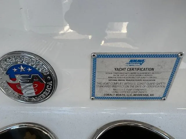 Slide: The Image of 2021 Cobalt R8 yacht certification plaque, showcasing compliance with U.S. Coast Guard safety standards. - 5