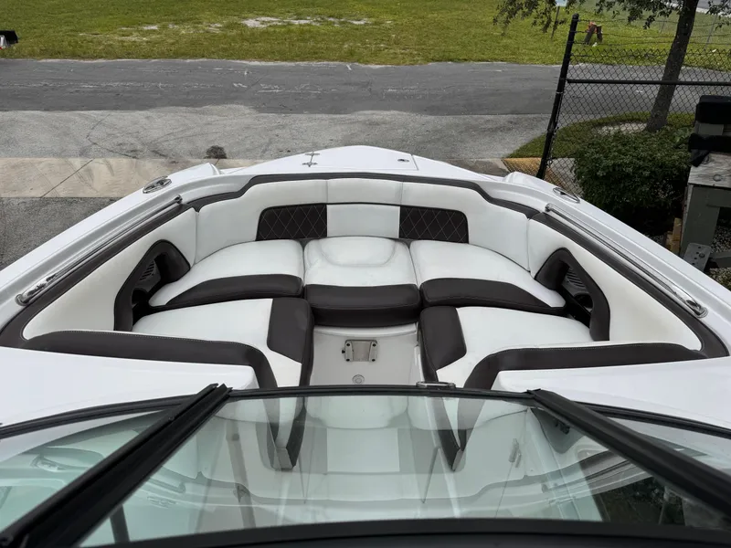 Slide: The Image of Luxurious seating area on a 2020 Monterey M-45 boat, featuring white and black upholstery. - 11