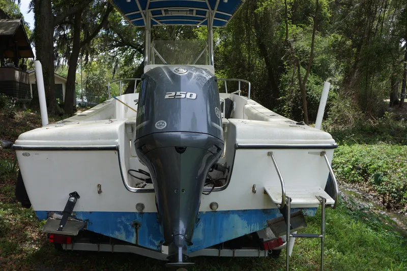 Slide: The Image of 2002 Edgewater 225CC boat with 250 horsepower engine, parked in a wooded area. - 10