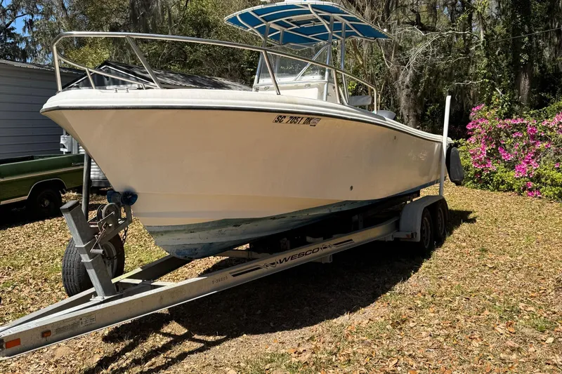 Slide: The Image of 2002 Edgewater 225CC boat on trailer, parked outdoors with floral background. - 13