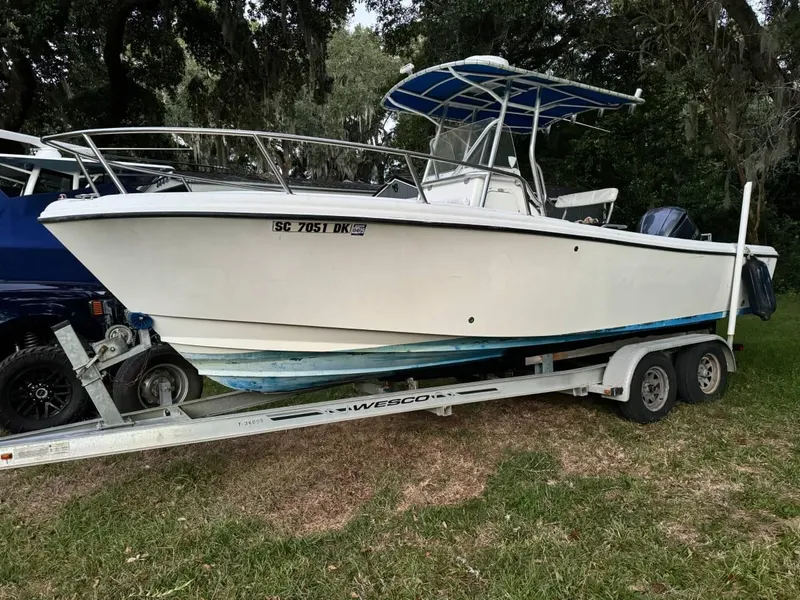 Slide: The Image of 2002 Edgewater 225CC boat on trailer, parked on grass, with blue canopy. - 2