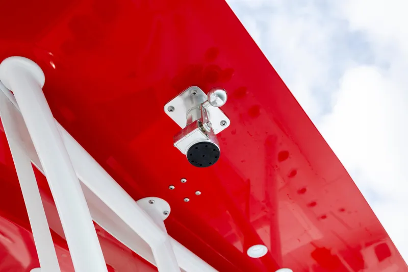 Slide: The Image of Red canopy with mounted camera on 2024 SeaHunter 35 Tournament boat. - 27