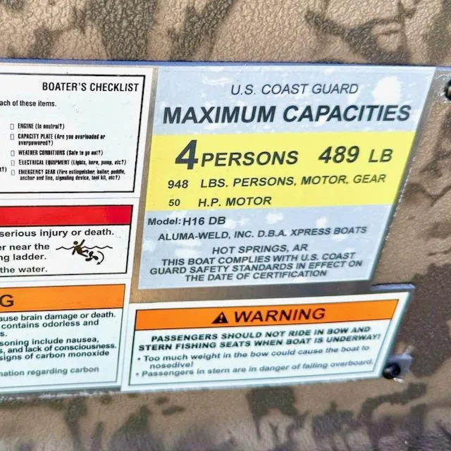 Slide: The Image of Boat capacity label for Xpress H16DB, 2025 model, showing maximum 4 persons, 489 lbs. - 6