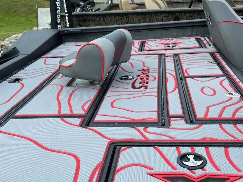 Slide: The Image of 2024 Xpress X19 Pro boat deck with stylish red and gray design. - 8