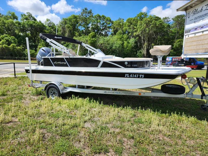 Slide: The Image of 2023 Hurricane Fundeck 198 Fish Package boat on trailer, parked outdoors. - 13