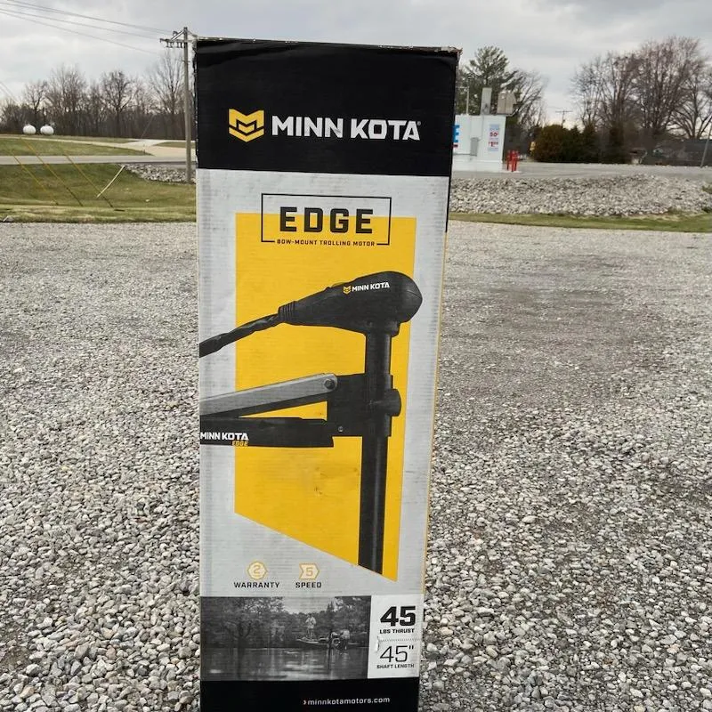 Slide: The Image of Box of Minn Kota Edge trolling motor on gravel background, featuring 45 lbs thrust and 45" shaft. - 4