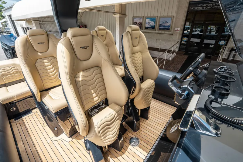 Slide: The Image of Luxurious interior of 2023 Ribco Seafarer 36 X with beige leather seats. - 32