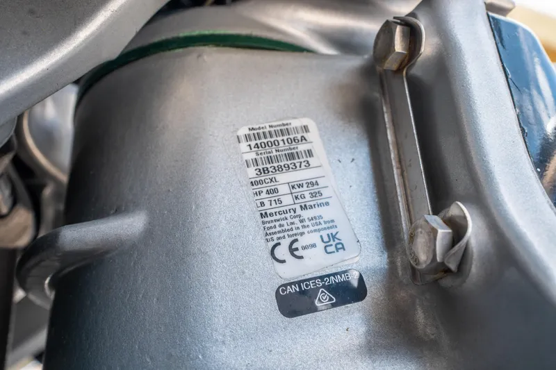 Slide: The Image of Label on Mercury Marine engine, Ribco Seafarer 36 X, 2023 model, displaying specifications and certifications. - 47