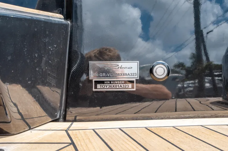Slide: The Image of 2023 Ribco Seafarer 36 X boat identification plate with HIN number on deck. - 48