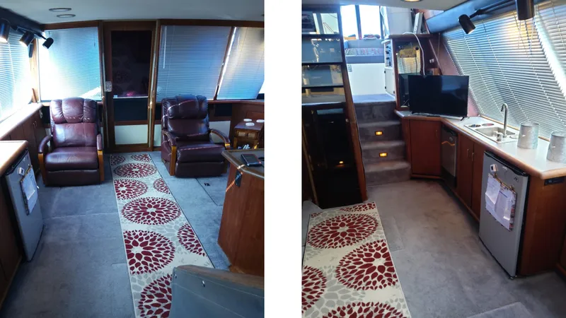 Slide: The Image of 1991 Bayliner 4588 Motoryacht interior with seating, kitchenette, and carpeted flooring. - 4