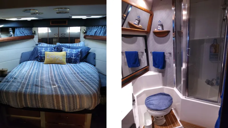 Slide: The Image of 1991 Bayliner 4588 Motoryacht interior with cozy bedroom and modern bathroom. - 5