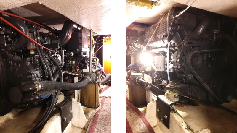 Slide: The Image of Engine room of 1991 Bayliner 4588 Motoryacht, showcasing mechanical components and lighting. - 6
