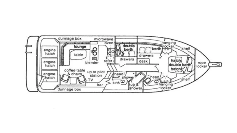 Slide: The Image of Floor plan of a 1991 Bayliner 4588 Motoryacht, featuring lounge, berths, and amenities. - 8