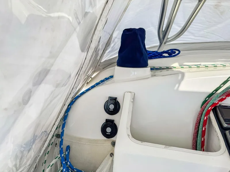 Slide: The Image of Sailing yacht Manta 42, 2000 model, featuring deck details with ropes and fittings. - 14