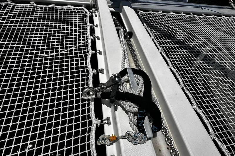 Slide: The Image of Trampoline netting on 2017 Lagoon 450 F catamaran deck with rigging details. - 10