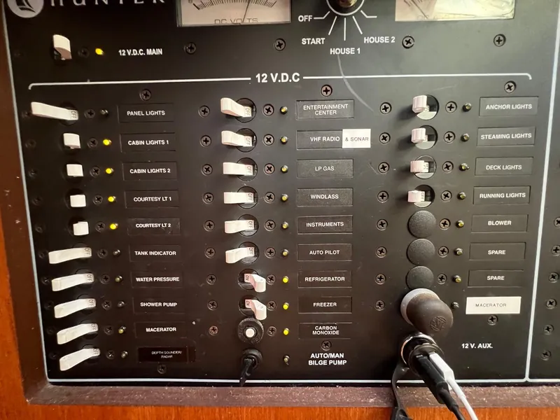 Slide: The Image of Control panel of a 2002 Hunter 386 sailboat with labeled switches and indicators. - 37