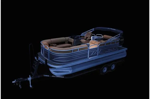 Slide: The Image of 2021 Sun Tracker Party Barge 20 DLX pontoon boat on trailer, side view. - 13