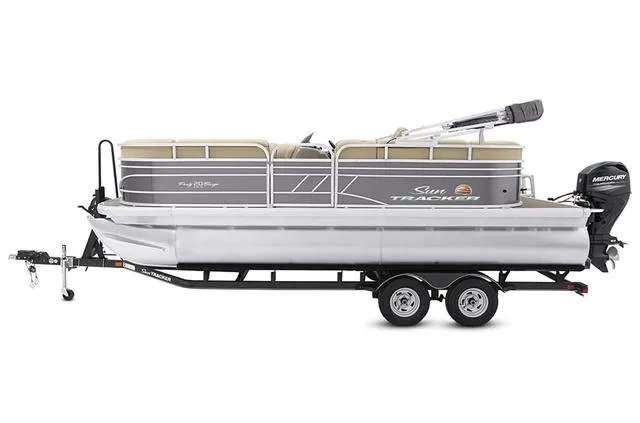 Slide: The Image of 2021 Sun Tracker Party Barge 20 DLX pontoon boat on trailer, side view. - 14