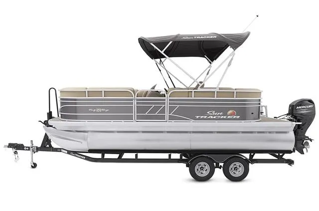 Slide: The Image of 2021 Sun Tracker Party Barge 20 DLX pontoon boat on trailer with canopy and Mercury outboard motor. - 16