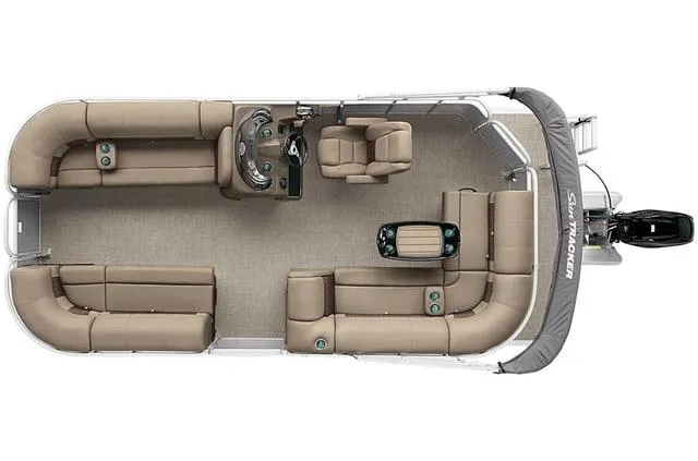 Slide: The Image of 2021 Sun Tracker Party Barge 20 DLX pontoon boat, top view, spacious seating layout. - 17
