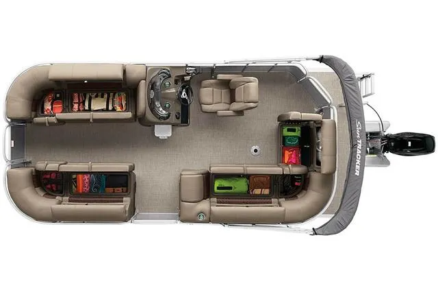 Slide: The Image of 2021 Sun Tracker Party Barge 20 DLX pontoon boat interior layout, featuring spacious seating and storage. - 18