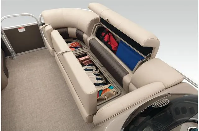 Slide: The Image of 2021 Sun Tracker Party Barge 20 DLX interior storage with life jackets and gear. - 34