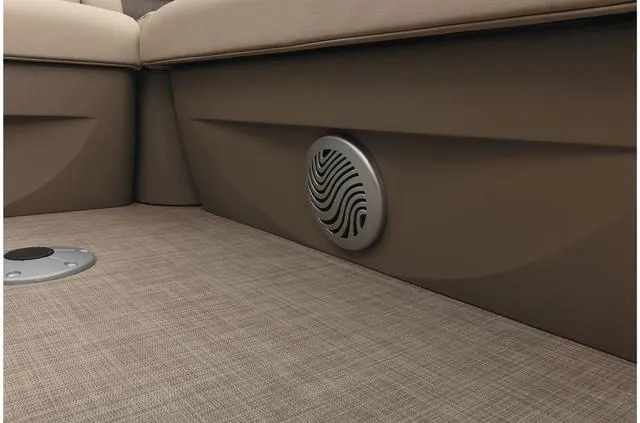 Slide: The Image of Interior of 2021 Sun Tracker Party Barge 20 DLX with speaker and seating. - 43