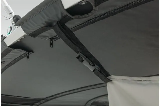 Slide: The Image of 2021 Sun Tracker Party Barge 20 DLX canopy detail with secure straps and zippers. - 48