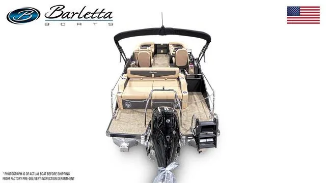 Slide: The Image of 2025 Barletta Cabrio C22UC pontoon boat, rear view, showcasing seating and motor. - 3