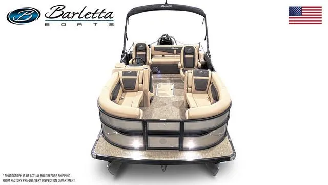 Slide: The Image of 2025 Barletta Cabrio C22UC pontoon boat, luxury seating, sleek design, American flag, front view. - 6