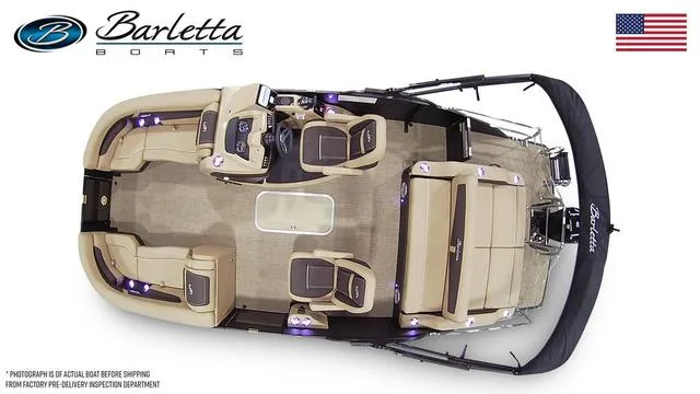 Slide: The Image of Top view of 2025 Barletta Boats Cabrio C22UC pontoon with luxurious seating and modern design. - 7