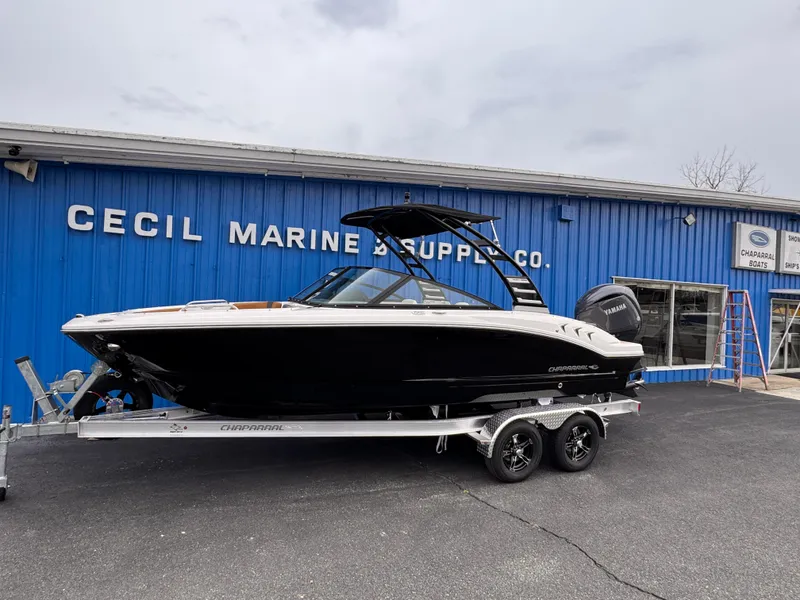 Slide: The Image of 2025 Chaparral 21 SSi OB boat on trailer outside Cecil Marine & Supply Co. - 3