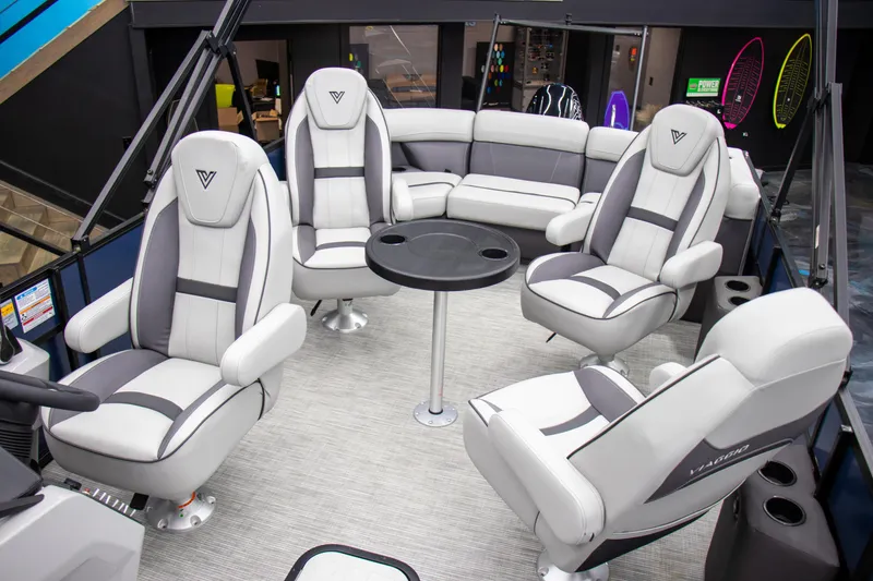 Slide: The Image of Luxurious 2025 Viaggio Lago X-Q boat interior with plush seating and modern design. - 23