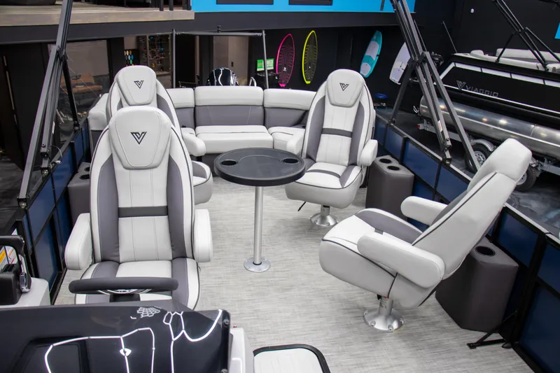 Slide: The Image of Luxurious 2025 Viaggio Lago X-Q boat interior with plush seating and modern design. - 24