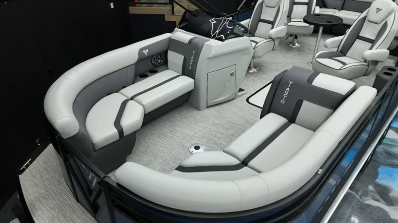 Slide: The Image of Luxurious 2025 Viaggio Lago X-Q boat interior with plush seating and modern design. - 25