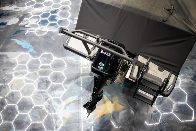 Slide: The Image of Viaggio Lago X-Q 2025 boat with powerful engine, hexagonal pattern floor design. - 27