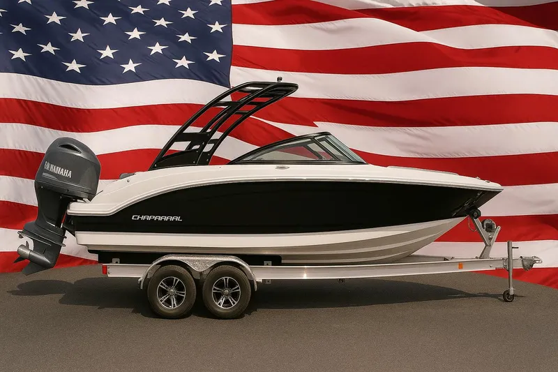 The Image of 2025 Chaparral 21 SSi OB boat on trailer, American flag background. - 0