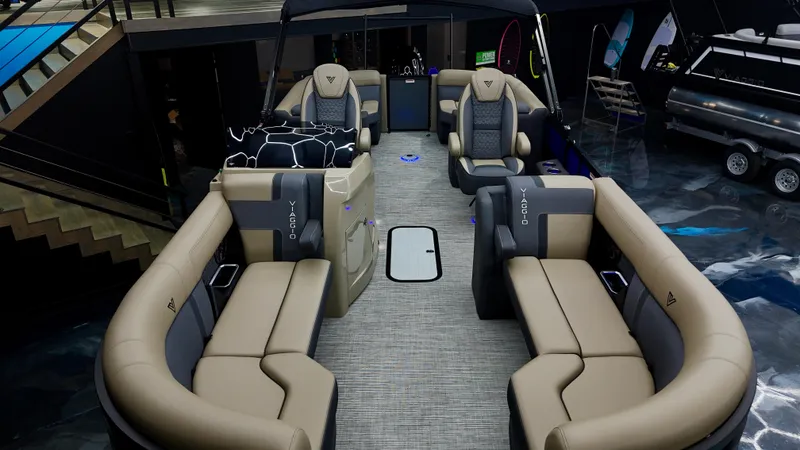 Slide: The Image of Luxurious 2025 Viaggio Lago Z-U pontoon boat with spacious seating and modern design. - 12
