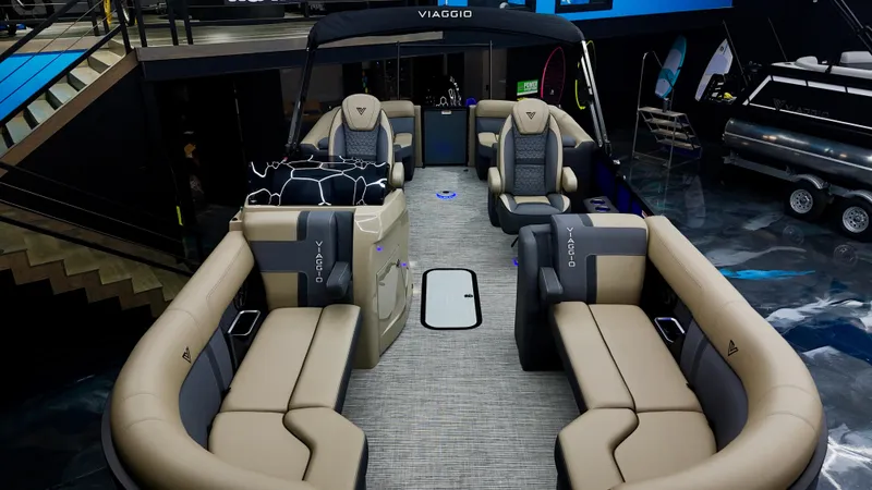 Slide: The Image of Luxurious 2025 Viaggio Lago Z-U pontoon boat with spacious seating and modern design. - 13